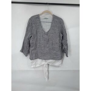 Erika Lynn 100% Linen Top Women M Grey Lagenlook Minimalist Beach Coastal Casual